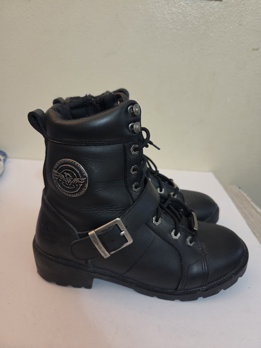 Milwaukee Leather Women's Black Leather Motorcycle Rider Boots, Womens Size 8,